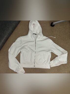 Brandy Melville White Cropped Hooded Zip Sweatshirt